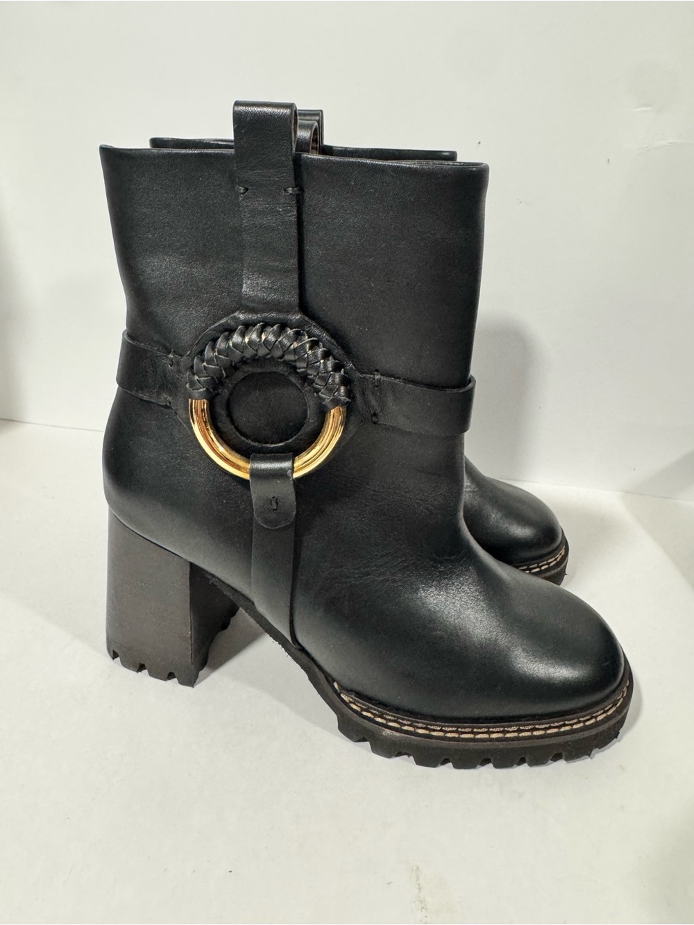 SEE BY CHLOE Hana Ankle Boots Black Leather Harness Lug Sole Heel Booties